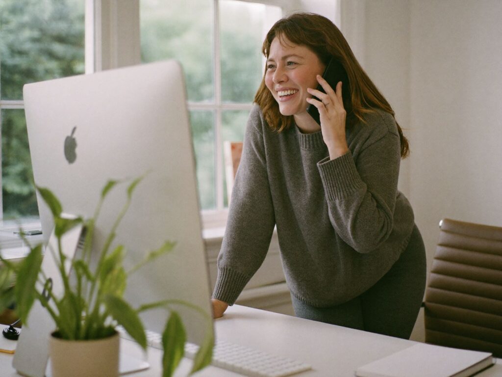 Eine Unternehmerin telefoniert lächelnd an einem Stehpult am Fenster.
